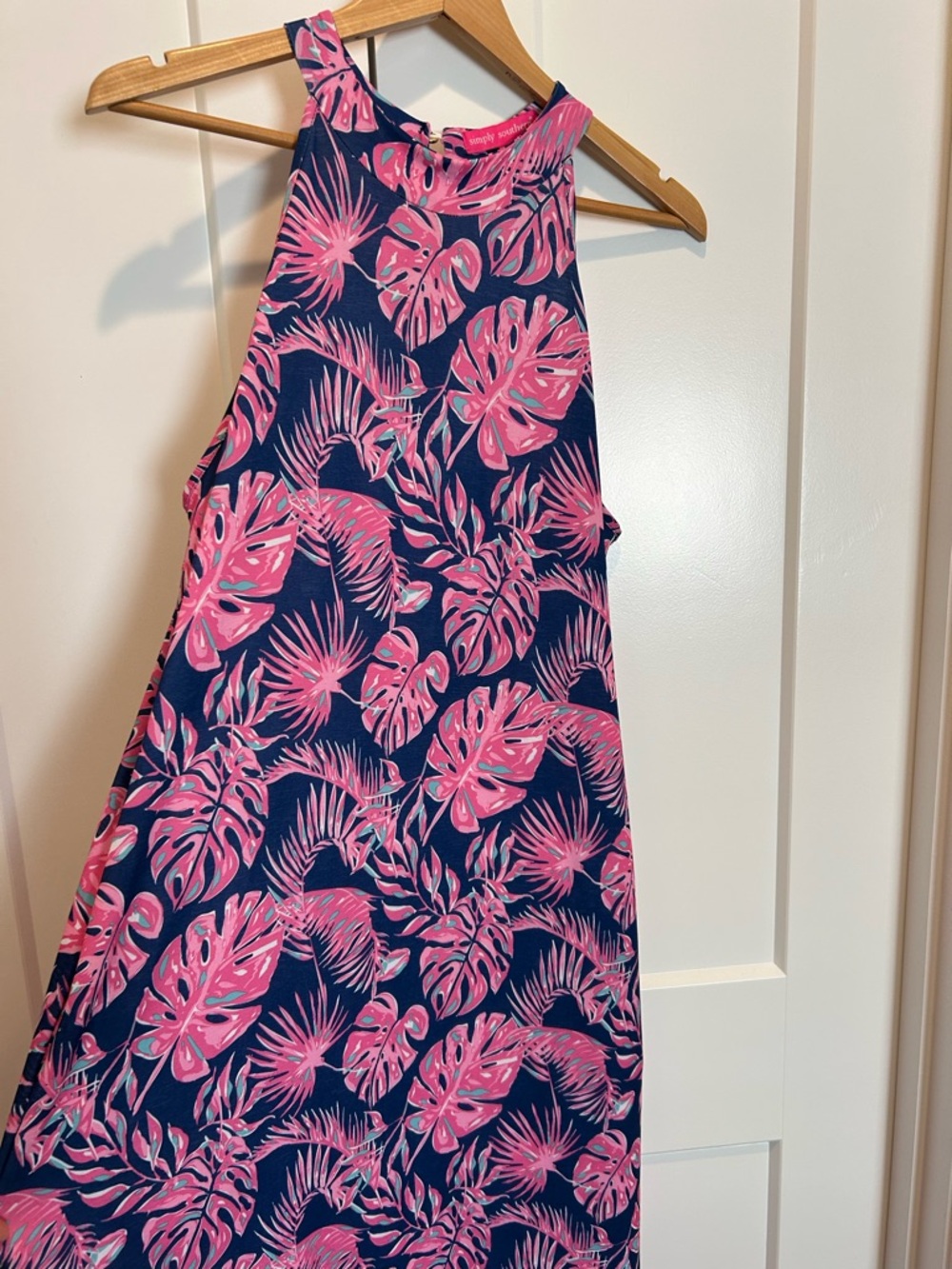 Simply Southern Navy Maxi Dress with Pink Tropical Print, Size Medium